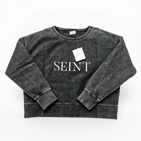 SEINT “Worthy of Worship” acid wash black Cropped Crewneck. - Picture 3 of 3